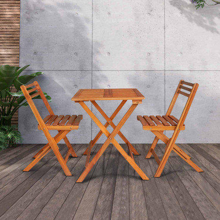 Conjunto de balcón terraza mesa plegable 70x70 + 2 sillas madera y